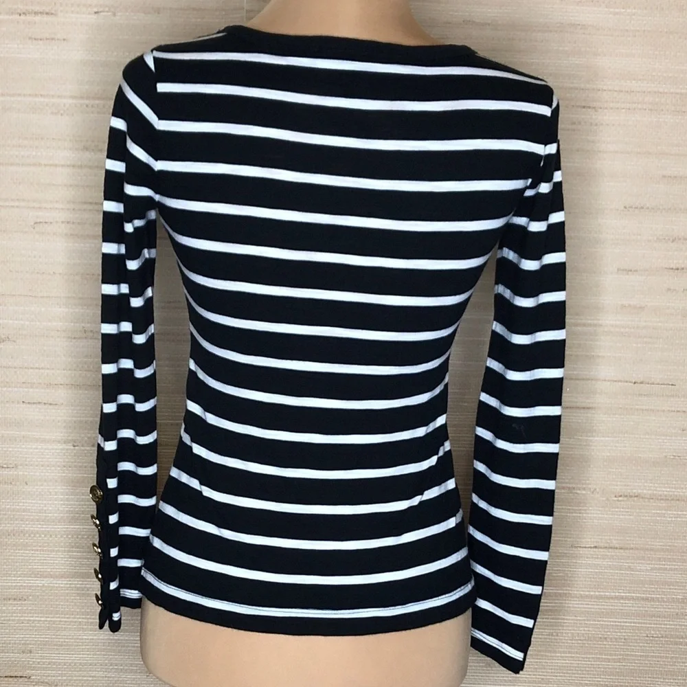 White House Black Market Striped Long Sleeve Tee with Gold Accent Buttons XXS
